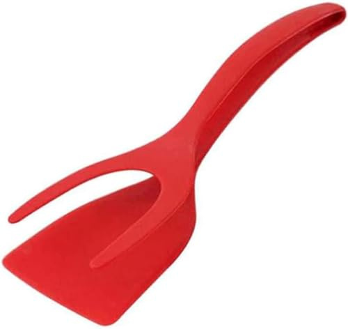 2 in 1 Grip and Flip Spatula Tongs, Egg Flipper Tong, Non-Stick Egg Turners, Pancake Fish French Toast Omelet Making Home Kitchen Cooking Tools (Red 1pcs)