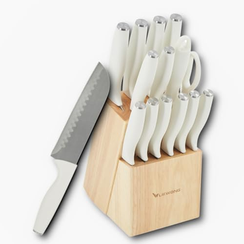 HOOZ Messerset 15-teilig mit Messerblock - Küchenmesser Set mit Holzblock in natur Optik - 12 Scharfe Messer, 1 Küchenschere und 1 Wetzstahl - Kochmesser ideal für Fleisch Fisch Gemüse Obst
