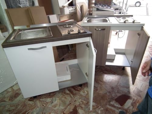 Minicucina tutto in 90cm con piano cottura e lavello vari colori (Cassa bianco opaco + Ante bianco oliva)