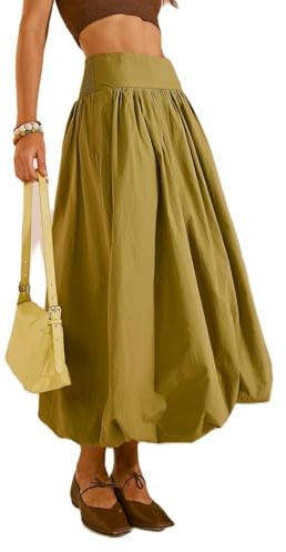 NUFIWI Women Y2k Bubble Maxi Skirt Low Elastic Waist A Line Long Skirt Summer Casual Ruffle Pleated Midi Dress(A Green Maxi,Medium)