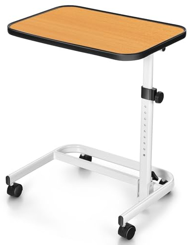 GIANTEX Betttisch höhenverstellbar 73-93 cm, Pflegetisch mit neigbarer Tischplatte & feststellbaren Rädern, mobiler Beistelltisch mit Metallgestell für Kranken- & Pflegebetten, Laptoptisch (Natur)