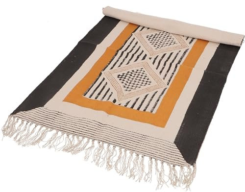 GURU SHOP Handgewebter Blockdruck Teppich 190x135 cm, Traditionelles Design, Indischer Baumwollteppich, Bad Läufer - Honig/schwarz, Mehrfarbig, Baumwolle, Teppiche, Bodenmatten