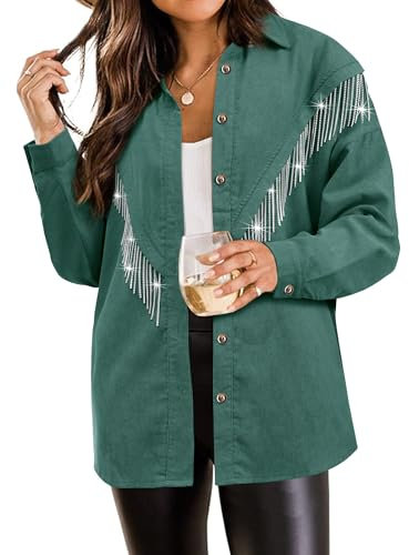 WIEIYM Damen Glitzer Jacke Rhinestones Fransen Knöpfen Jeansjacke Konzert Outfits Langarm Quasten Tshirt Pailletten College Party Jacken,Grün,L