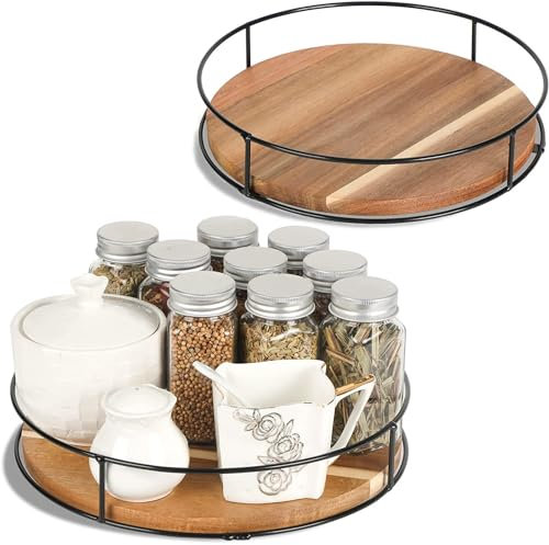 Lazy Susan Portaoggetti Rotante - Portaspezie Girevole 23 cm con Maniglie e Base Antiscivolo - Piatto Girevole Porta Tutto in Bambù e Ferro Facile da Pulire - Dispense e Armadietti