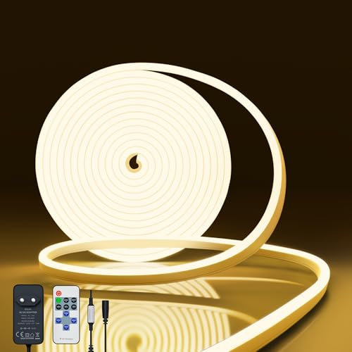 NELUX Neon LED Strip 5 Meter Warmweiss Streifen Wasserdicht Lichtband Aussen Outdoor. LED Band Light Stripe Warmweiß Aussenbereich Weiss Lichtleiste. Inklusive Fernbedienung Dimmbar und Netzteil 12V