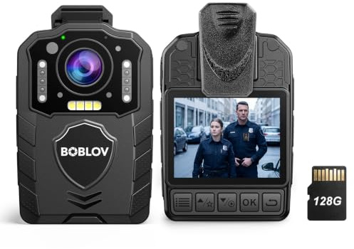BOBLOV KJ25 1080P 128GB Bodycam Polizia Professionale, 3000 mAh con 10-13 ore di registrazione, Body Cam con visione notturna, per consegne, forze dell'ordine (128GB)