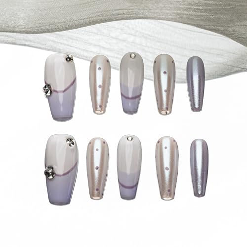 Sun&Beam Nails Handgefertigte Kunstnägel Mittel Lang Sargform Ballerina Nägel zum Aufkleben in Lila Weiß Aurora Handgemalt Punkte Französische Design mit Klebepads 10 Stück (#182 S)