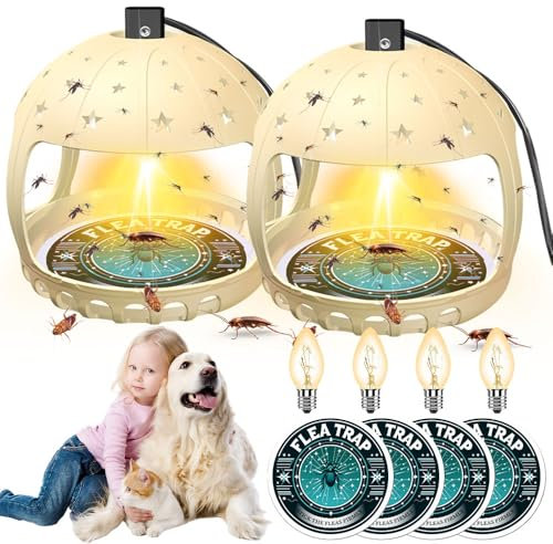Vmxlso 2 Stück Flohfalle für Wohnung, Flohfalle Eingebaute Glühbirne, Ungiftig, Geruchlos, Flohfallen für Flöhe, Mücken, Nachtfalter, Flohlichtfalle für Schlafzimmer, Wohnzimmer, Hauswirtschaftsraum