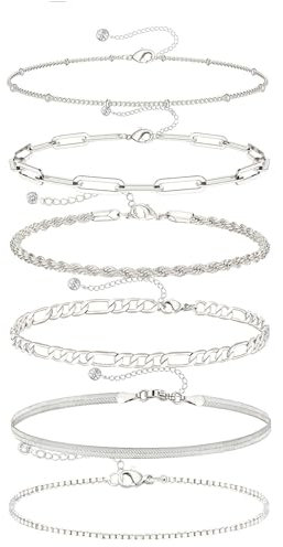 Meteorstarry 6 Stück Armband Damen Edelstahl Ketten Armbänder Set 925 Sterling Silber Armbänder Personalisierte Silver Armband Set Kettenarmband Geburtstagsgeschenk Modeschmuck für Damen Frauen