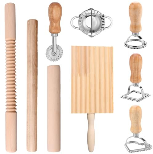 9 Stück NudelherstellungsSet,Effizientes Nudelherstellungs Set mit Ravioli Stempel Ausstechern,Nudelhölzern GnocchiBrett Teigschneider Knödelmacher,Praktisches Zubehör zur Nudelherstellung