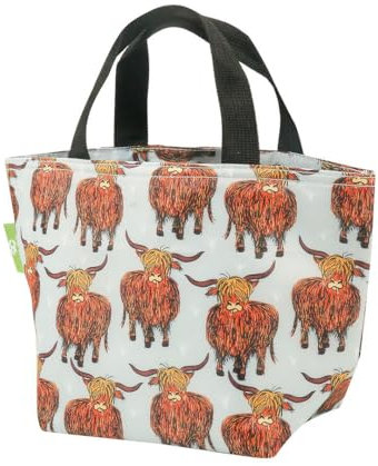 ECO CHIC Lightweight Foldable Insulated Lunch Bag Water Resistant Cooler Bag (Highland Cow Grey)