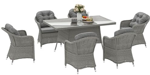Outsunny 6 Seater Rattan Dining Set with Seat and Back Cushions, PE Rattan Garden Furniture Set, Outdoor Dining Table and Chairs, Rectangular Glass Top Table with Umbrella Hole, Light Grey