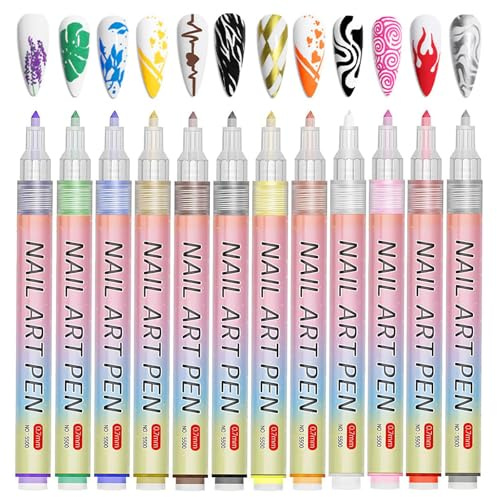 Stylo Nail Art,12 Couleurs 3D Stylo Nail Art Graffiti Pen Stylo Vernis à Ongles DIY Tooli Art Pinceaux Nail Art Nail Art Ongles Deco Ongle Nail Art Kit Manucure pour Halloween Noël