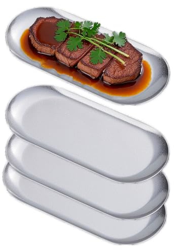 SANQIAHOME Platos de aperitivo óvalo de 21x9cm, juego de 4,platos llanos de acero inoxidable grueso, platos de postre de pasta para sushi, horno de frutas/lavavajillas apto,plata