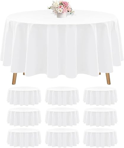 FXKS 10 Stück Weiß Runde Tischdecke 229 cm,Runde Polyester-Tischdecke | Flecken- und Knitterfeste Tischdeckes,Waschbare Runde Tischdecken aus Stoff für Hochzeit, Bankettparty, Restaurant, Essen