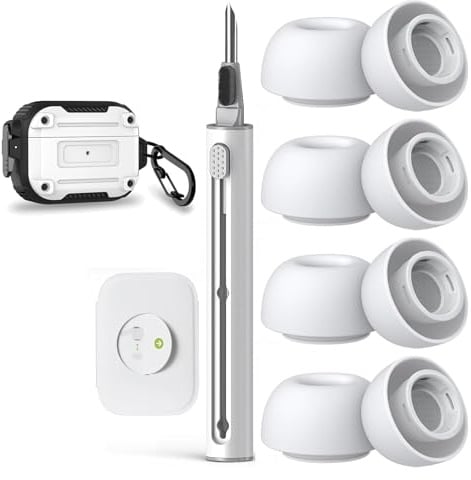 Adhiper Kompatibles Zubehör-Set für AirPods Pro/Pro 2 (2024) - 4 Paar Ohrpolster mit Staubschutz, strapazierfähige Schutzhülle mit Karabiner, Reinigungstool - Premium Geschenkbox (Weiß)