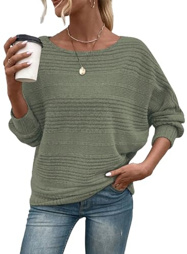 Gemulate Crew Neck Batwing Sleeves Sweater Off The Shoulder Jumper Loose Knitted Sweaters and Pullovers Jumper Tunic Tops for Women Autumn Clothes Army Green M