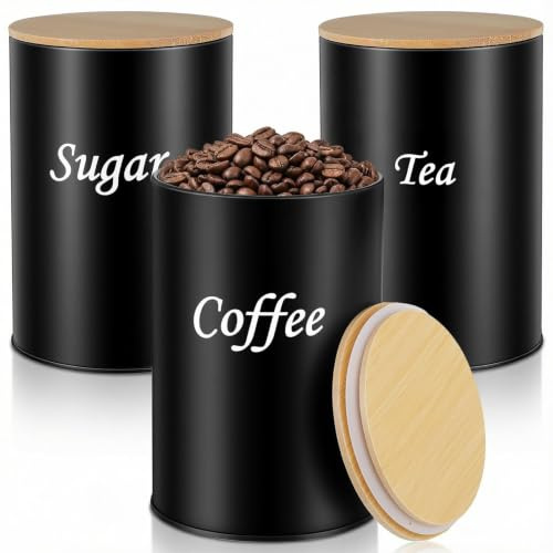 Tea Coffee Sugar Canisters Set of 3, Stackable Airtight Tin Storage Jars | Black Tea Coffee and Sugar Storage Canisters with Moisture Proof Wooden Lids, 5ml Spoon & Sugar Tongs, Quick Access