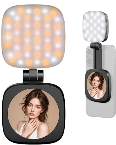 SMOCTAR Magnetic Selfie Light with Mirror for iPhone, Foldable Mini LED Fill Ring Lighting for Vlog, Streaming, Makeup, Back‑Camera & Video Recording, Compatible with MagSafe iPhone