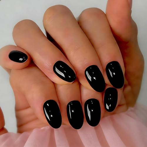 SXVME Soft Gel Press On Nails Short, 32 Pcs 16 Sizes Sheer Black Short False Nails Press ons Oval, Reusable Artificial Nails, Natural Almond Stick On Nail for Women Everyday Elegance