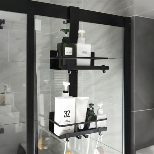 Trlyane Étagère Douche Suspendue, 2 Niveaux sans Perçage, Noir | Étagère Salle de Bain Suspendue sur la Porte, 2 Ventouses et 4 Crochets, pour Gel Douche, Shampoing et Accessoires