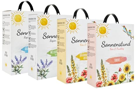 Sonnenstund Wein-Paket Grauburgunder trocken, Weißburgunder halbtrocken, Grauburgunder-Rivaner & Rosé feinfruchtig - sommerliche Weine in 3l Bag-in-Box für Feste & Alltag (4 x 3 l)