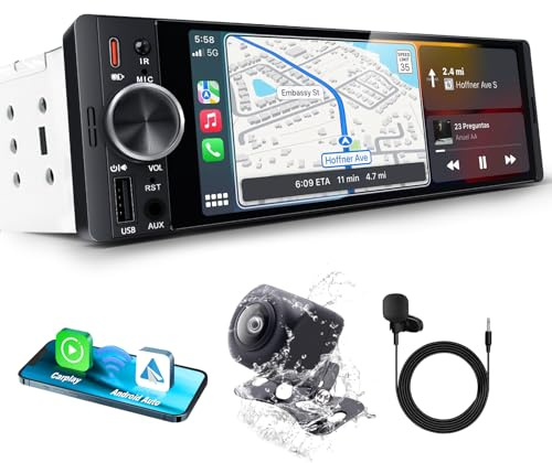 DAB/DAB+ 6,36 Zoll 1 DIN Autoradio mit Drahtlosem CarPlay & Android Auto, Schnellladung, Drahtloser Spiegel-Link, Voice Control, AHD Rückfahrkamera & Mikrofonunterstützung/DSP/SUB/AUX/AM/FM/RDS