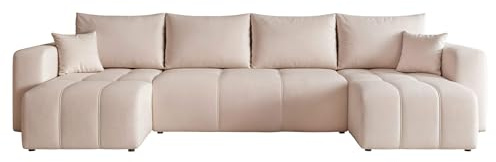 U Form Wohnlandschaft mit Schlaffunktion und Bettkasten 318 x 145 cm | 318 x 145 x 79 cm, Samt, Viel Platz, Wohnen und Schlafen, Integrierter Bettkasten
