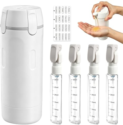 4 in 1 Refillable Travel Dispenser Bottles mit Skala und Etikett | Reiseflaschen zum Befüllen, Auslaufsichere Reise Flaschen Set, Reise Pumpflasche für Shampoo Conditioner Lotion und Creme