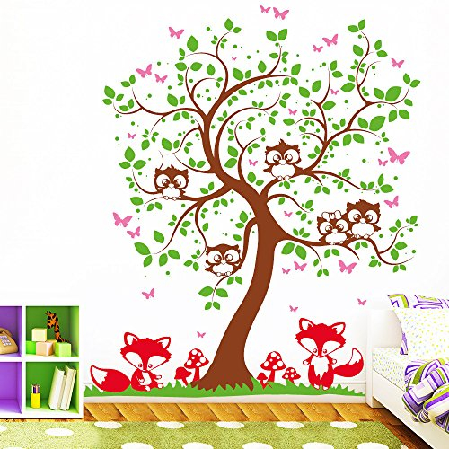 Wandtattoo Loft Wandaufkleber „Baum mit Fuchs und Eulen (4farbig)“- Wandtattoo / 49 Farben / 3 Größen/ BITTE TEILEN SIE UNS IHRE WUNSCHFARBEN IM ANSCHLUSS AN DIE BESTELLUNG PER NACHRICHT MIT!!! / hellrotorange / 145 cm breit x 162 cm hoch