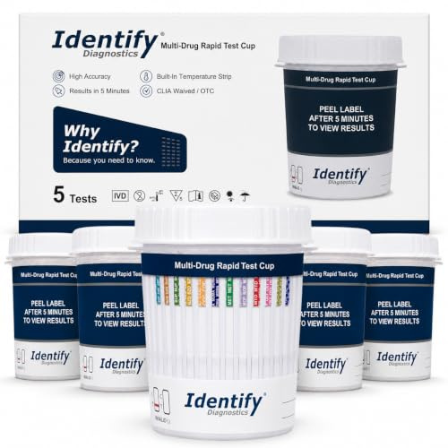 Identify Diagnostics Drug Test Cups 5 Pack 12 Panel CLIA Waived Instant Urine Drug Test Kit for AMP,BAR,BUP,BZO,COC,MDMA,MET,MOP OPI,MTD,OXY,PCP,THC