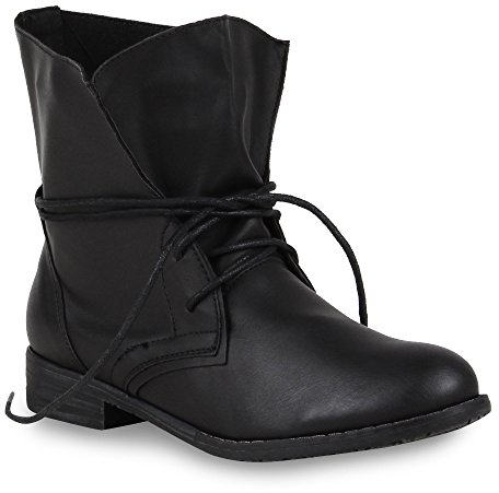 Trendy Damen Schuhe Stiefeletten Blockabsatz Leder-Optik 44438 Schwarz Schwarz 42 Flandell