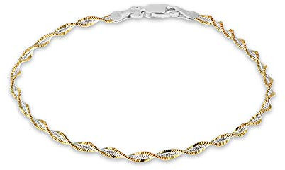 Tuscany Silver Women's Sterling Silver 2.4 mm Two-Tone Yellow and White Gold Twisted Herringbone Chain Bracelet of Length 19 cm/7.5 Inch