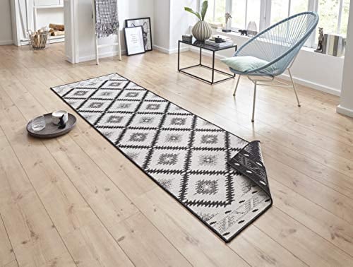 NORTHRUGS Malibu Indoor and Outdoor Rug 80 x 350 cm - Reversible Rug Weatherproof Modern Geometric Pattern Runner for Balcony Patio Garden Conservatory Living Room Rug Waterproof in Black Cream