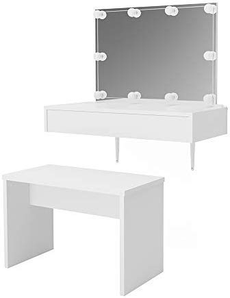 Vicco Schminktisch Alessia, Kosmetiktisch mit Spiegel, Weiß, 90 cm mit LED Beleuchtung und Bank