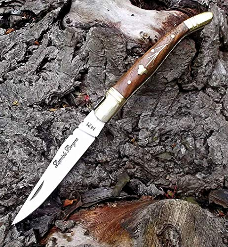Laguiole artisan 5240 Poignée en bois de rose et en laiton Motif fleurs