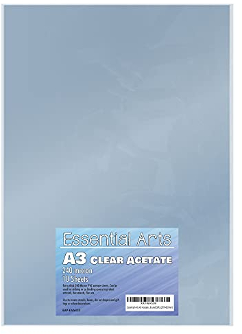 Essential Arts Lot de 10 feuilles en acétate de 240 microns Format A3 avec couverture en PVC très épaisse pouvant être utilisée pour la gravure, l'artisanat, les pochoirs et les cadeaux (297x420 mm)