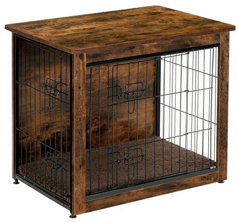 DWANTON Meubles de Cage pour Chien avec Coussin - Table en Bois - Double Porte - Niche pour Chien d'intérieur - Cage pour Chien - Taille S - 69,1 cm de Long