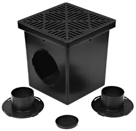 NDS 1200BKITRTL1PK Square Catch Basin Drain Kit with 2-Opening Catch Basin Drain, 2 Adapters, 1 Outlet Plug, and 1 Plastic Drain Grate, 12-Inch, for Lawns, Landscaped Areas, Black