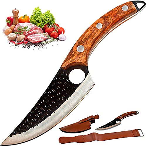 Serbische Küchenmesser (Metzgermesser), Fleisch-Hackmesser, Ausbeinmesser, geschmiedetes Kochmesser mit Scheide und Abziehriemen, für das Schneiden von Gemüse & zum Hacken, für zuhause, Camping & BBQ