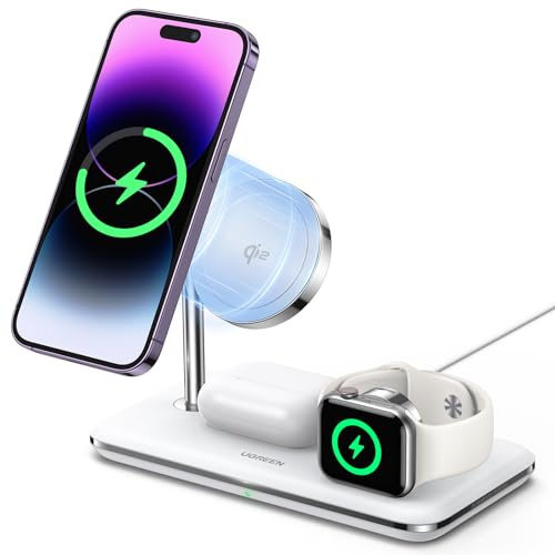 UGREEN Estación de carga inalámbrica 3 en 1 de 25 W con certificación MFi, carga rápida de 15 W para iPhone 14/13/12 serie MagSafe, compatible con Apple Watch, AirPods Series (sin adaptador de CA)