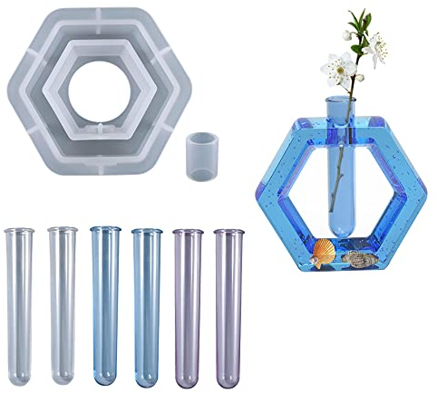 Cayway Hexagon Vase Resin Form Silikonformen Epoxidharz Pflanzgefäß Gießformen mit 6 Stück Acryl Reagenzgläser für Hydrokulturpflanzen, Heim Büro Dekor, Hexagon