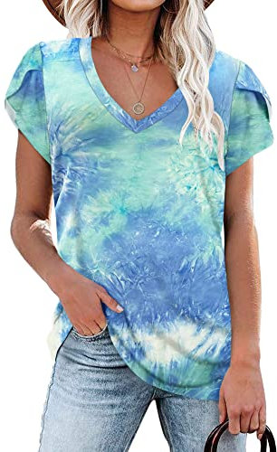 PLOKNRD Damen Tops V-Ausschnitt Blütenblatt Ärmel T-Shirt Sommer Freizeit Kurzen Ärmeln Strand Oberteile(Tie Dye Bleu,XL)