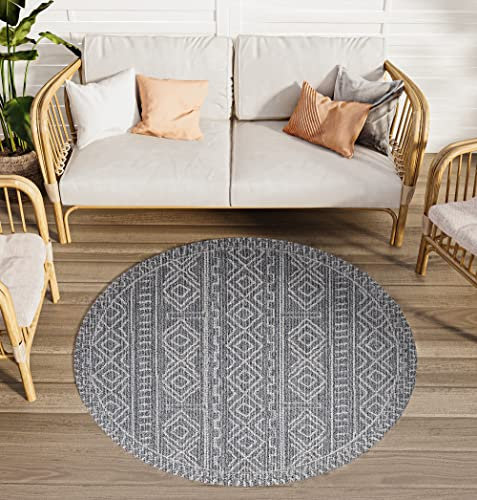 TAPISO Arruba Teppich Outdoor Grau Boho Ethno Muster Sisal Optik Wasserfest UV-Beständig Robust Wetterfest Terasse Balkon Indoor ÖKO-TEX 130 x 130 cm