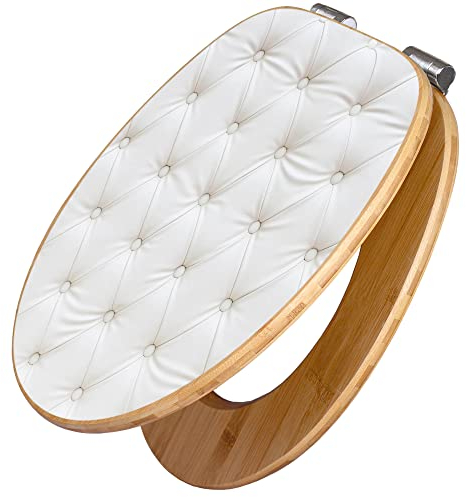 banjado Design WC Sitz Bambus Absenkautomatik 45,8x37,5cm / Toilettendeckel mit Absenkautomatik Holz/hochwertiger Bambus Klodeckel/WC-Sitz für gängigen Toiletten/Motiv Weißes Polster