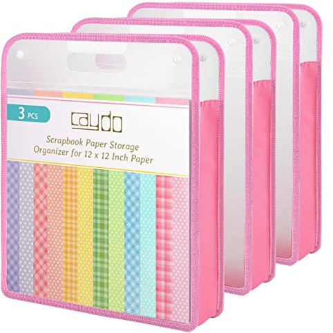 Caydo Scrapbook Paper Storage Organizer, Pink Expanding Paper Folio for 12 x 12 Sheets, Storage Organizer with Transparent Portable Handle for Holding Scrapbooking, Vinyl, Cardstock