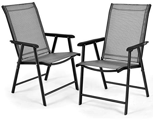 COSTWAY 2PCS/4PCS Folding Garden Chairs, Portable Outdoor Dining Chairs with Armrests, Metal Frame Patio Bistro Chair Deck Camping Seats for Balcony, Lawn and Poolside (4, Grey, 69 x 59 x 92 cm)
