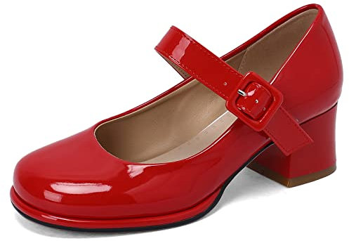Lizoleor Donna Punta Rotonda Mary Jane Vernice con Cinturino alla Caviglia Pump Comodo Block Tacco Medio Bridal Scarpe Plateau Festa Vestito Rosso Numero 38 EU/39Cn
