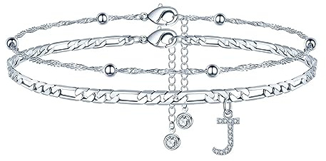 TINGN Silber Fußkettchen für Damen mit CZ Buchstaben J, Doppelte Verstellbar Fußketten Frauen Mädchen Tochter Freundin Personalisierte Geschenk