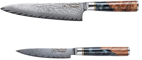 Tsume Starter Set Onyx, Messerset mit 2 Premium Küchenmessern, Echte Damast Küchenmesser, 67 Schichten VG10 Edelstahlkern mit schwarz-weißem Kunstharz und Holz Handgriffen, Rasiermesserscharfe Premium